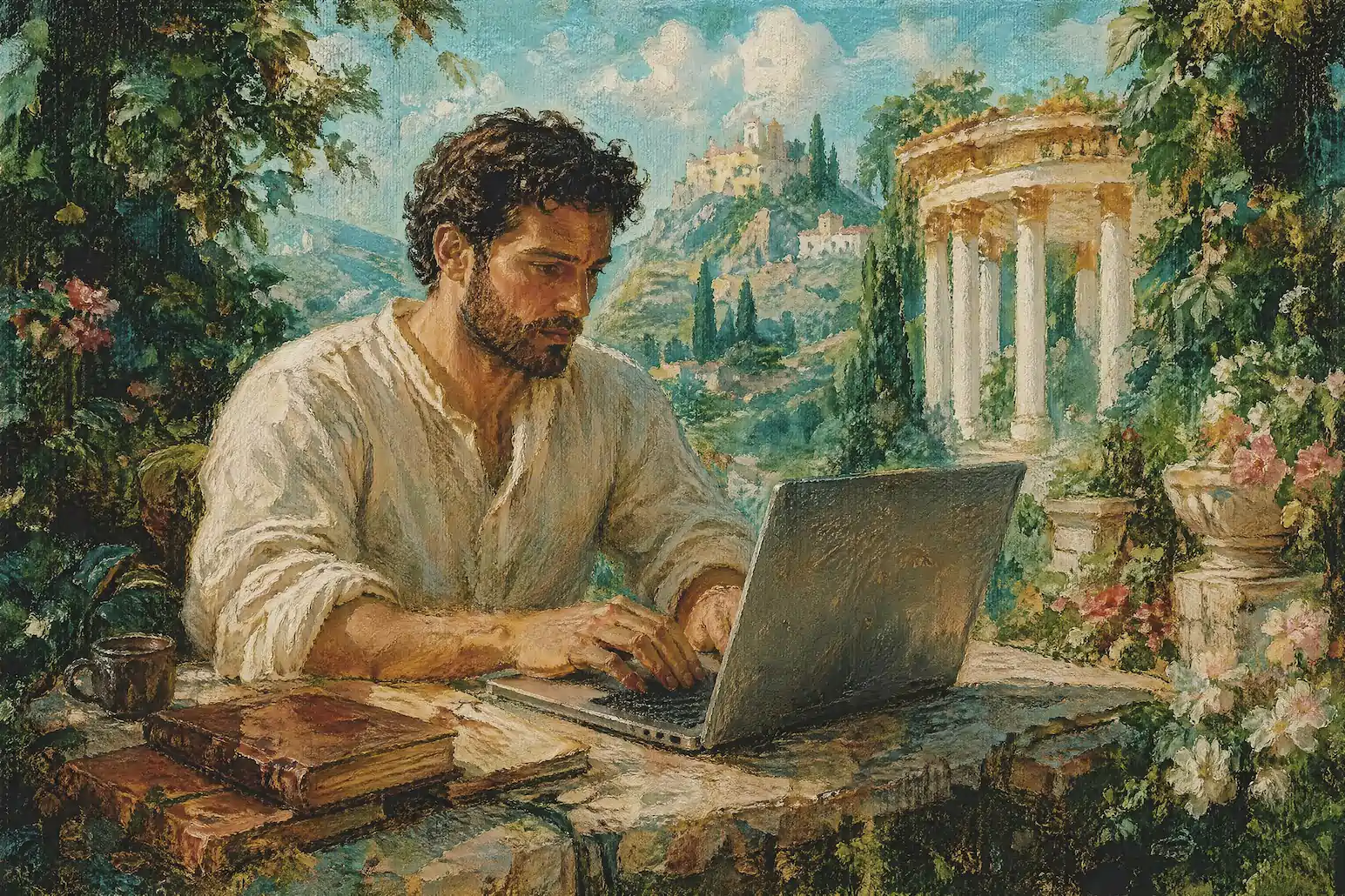 Renaissance-style founder working at a laptop