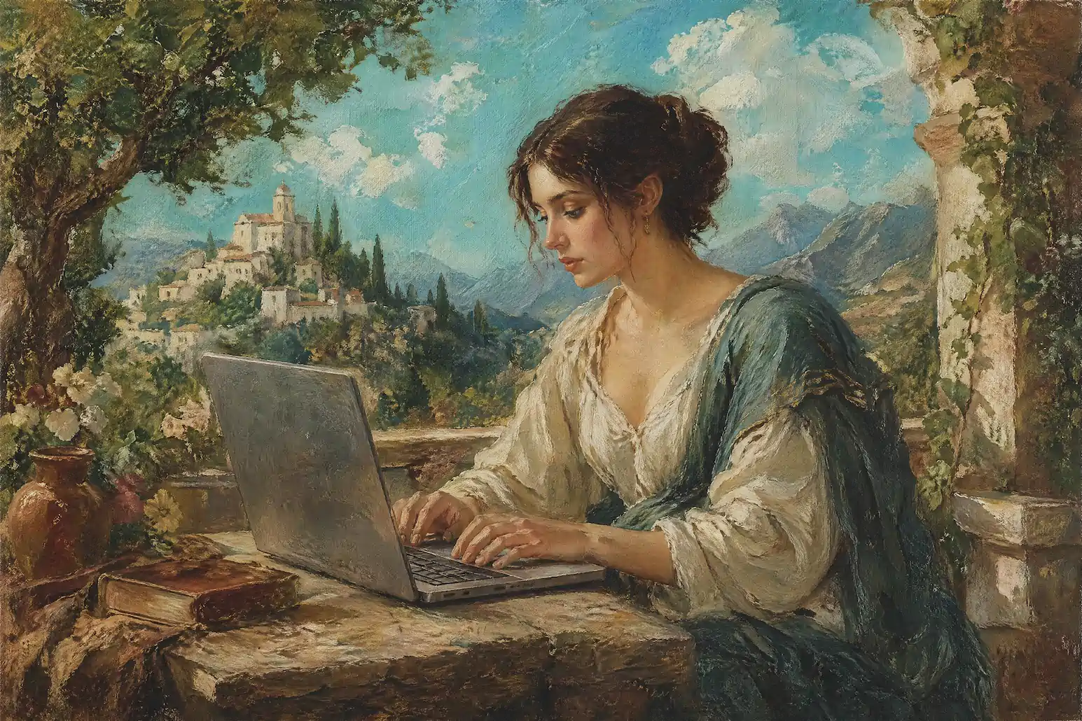 Renaissance-style professional working on a laptop