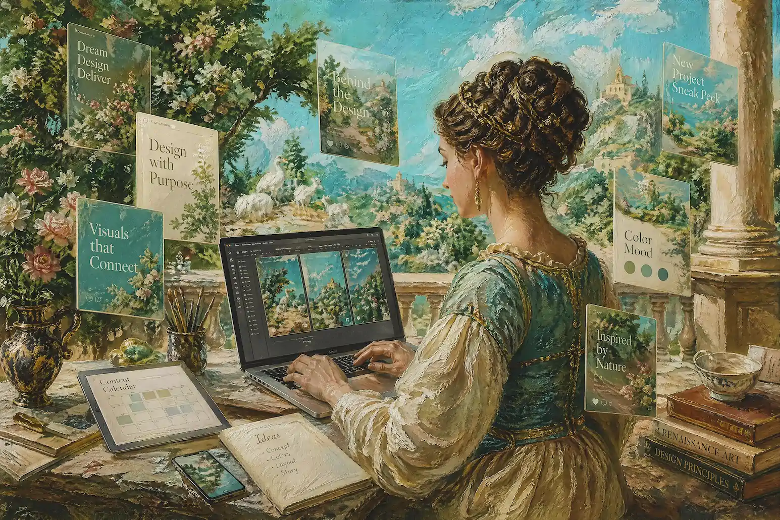 Renaissance-style designer creating visual content