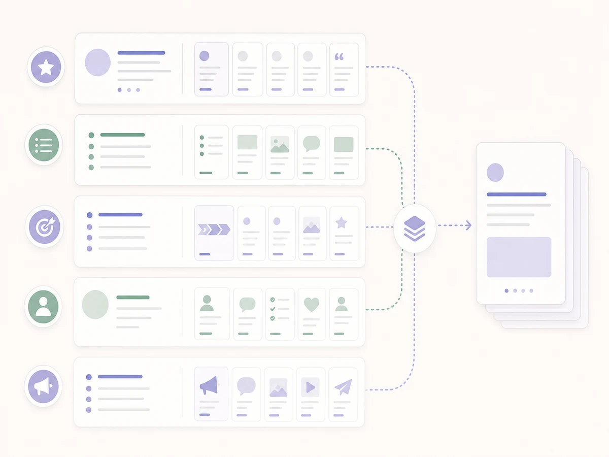 Workflow diagram for five reusable LinkedIn carousel frameworks.