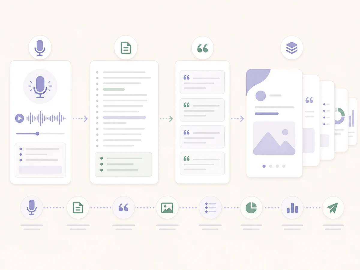 Workflow diagram for turning podcast notes into a LinkedIn carousel.
